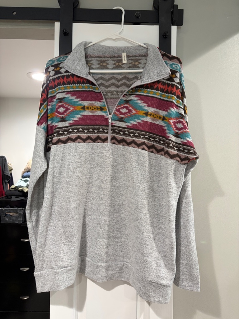 Cozy Grey Pullover with Aztec Multicolor Yoke